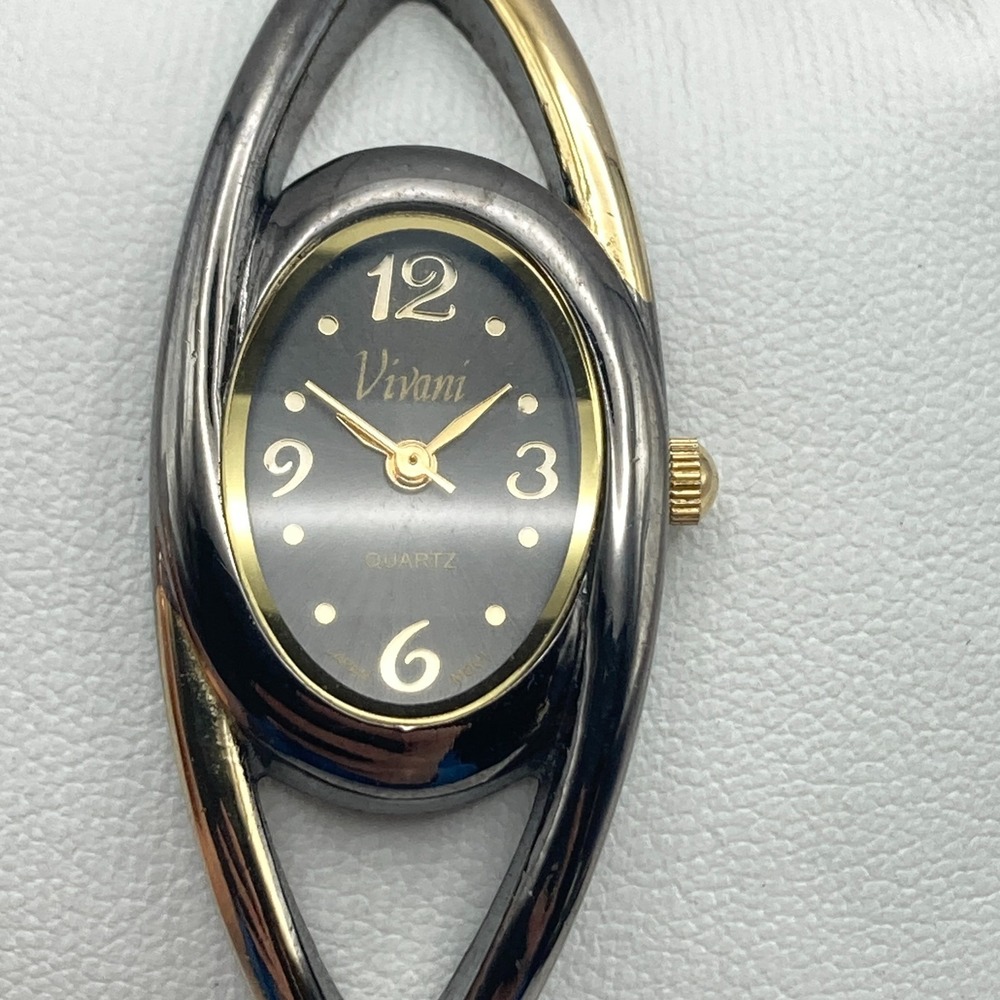 Vivani Womens Watch 20mm Black Gold Two Tone Oval MOP Cuff New Battery 6.75"